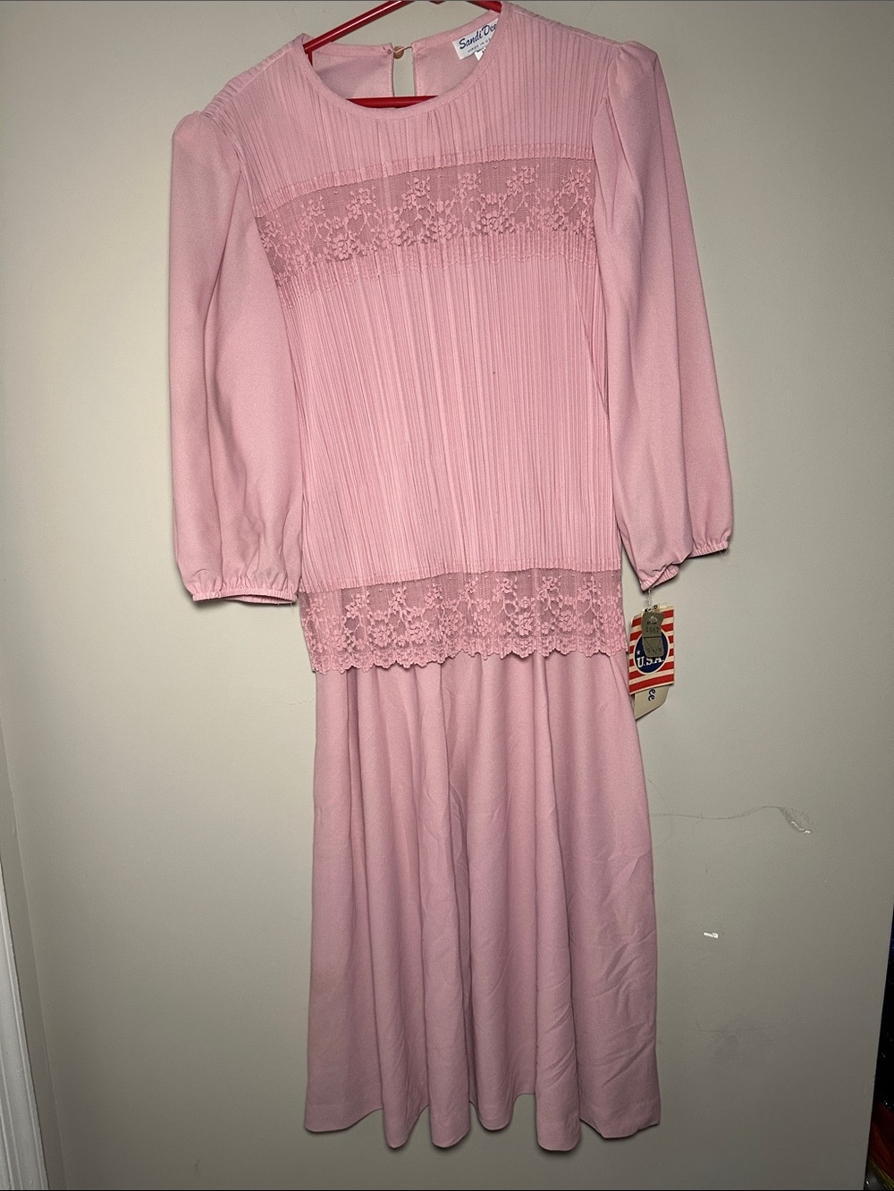 Sandi Dee New Vintage made in the USA Pink Lace-Trim Pleated midi Dress